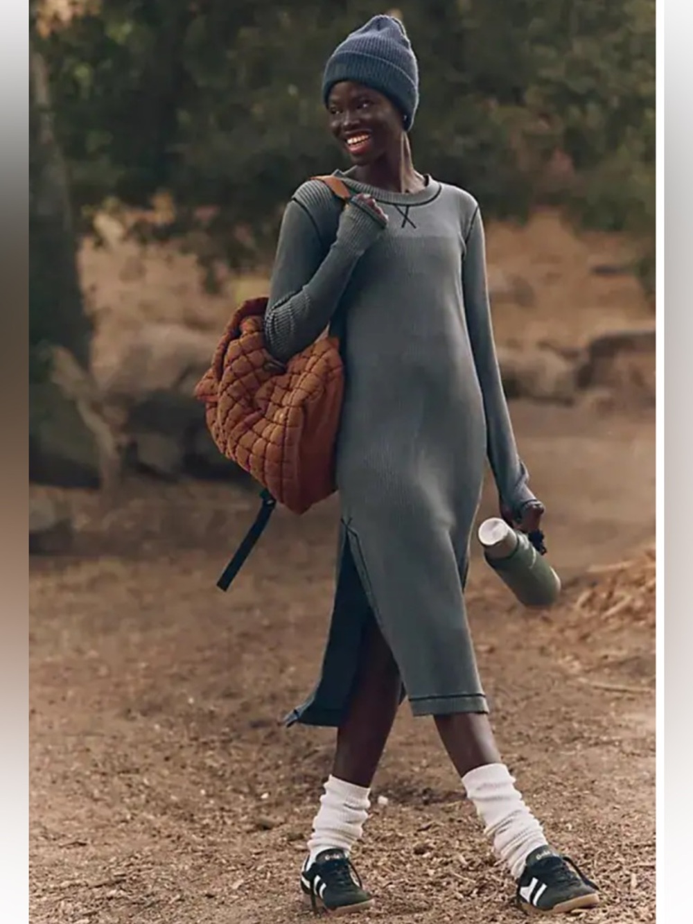 FP Movement Position Long Sleeve Layer Dress Gray Ribbed
